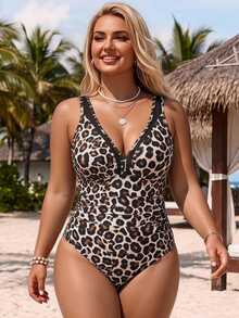 SHEIN Swim 女款大尺碼豹紋連身泳衣,附網格拼接設計,棕色收腰款式,適合海灘度假、泳池派對與熱帶之旅 - 彩色 - 查看 9