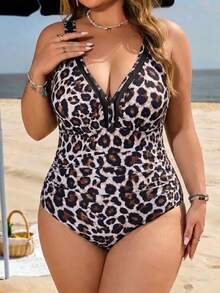SHEIN Swim 女款大尺碼豹紋連身泳衣,附網格拼接設計,棕色收腰款式,適合海灘度假、泳池派對與熱帶之旅 - 彩色 - 查看 8
