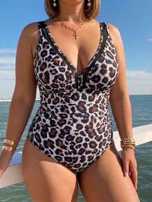 SHEIN Swim 女款大尺碼豹紋連身泳衣,附網格拼接設計,棕色收腰款式,適合海灘度假、泳池派對與熱帶之旅 - 彩色 - 查看 4