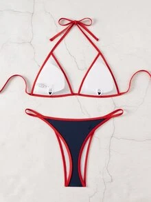 SHEIN Swim 女款夏季海灘拼色掛脖綁帶性感比基尼三角褲兩件式泳衣套裝 - 藏蓝色 - 查看 2