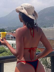 SHEIN Swim 女款夏季海灘拼色掛脖綁帶性感比基尼三角褲兩件式泳衣套裝 - 藏蓝色 - 查看 8