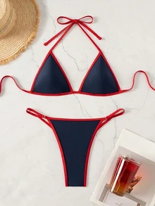 SHEIN Swim 女款夏季海灘拼色掛脖綁帶性感比基尼三角褲兩件式泳衣套裝 - 藏蓝色 - 查看 1