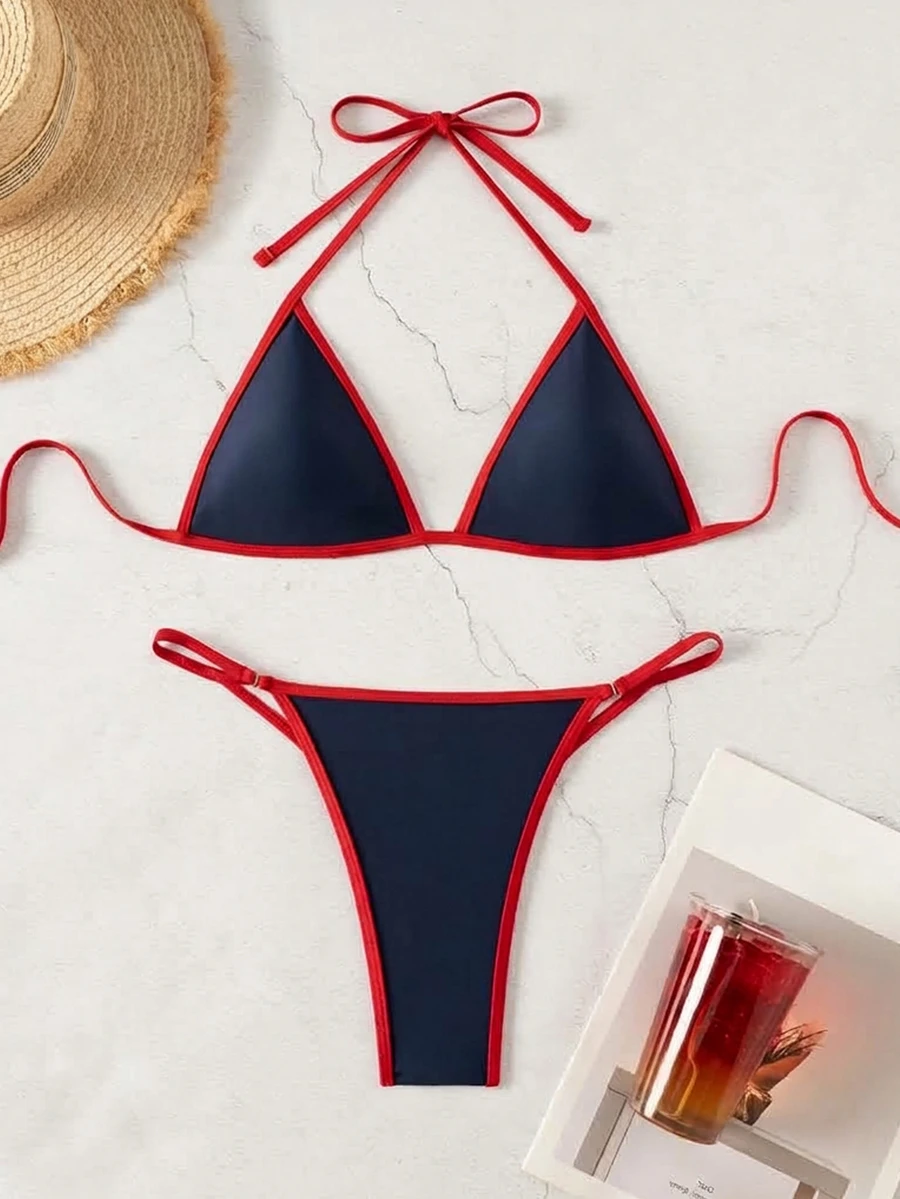 SHEIN Swim 女款夏季海灘拼色掛脖綁帶性感比基尼三角褲兩件式泳衣套裝 - 藏蓝色 - 查看 1