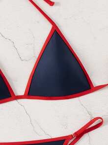 SHEIN Swim 女款夏季海灘拼色掛脖綁帶性感比基尼三角褲兩件式泳衣套裝 - 藏蓝色 - 查看 4