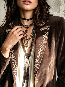 SHEIN Autumn Corduroy Embroidered Elegant Design Women's Blazer, Elegant Casual Women's Suit Jacket, Women's Outerwear, Old Money Style Blazer - Coffee Brown - View 4