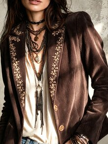 SHEIN Autumn Corduroy Embroidered Elegant Design Women's Blazer, Elegant Casual Women's Suit Jacket, Women's Outerwear, Old Money Style Blazer - Coffee Brown - View 7