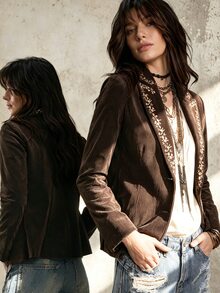 SHEIN Autumn Corduroy Embroidered Elegant Design Women's Blazer, Elegant Casual Women's Suit Jacket, Women's Outerwear, Old Money Style Blazer - Coffee Brown - View 5