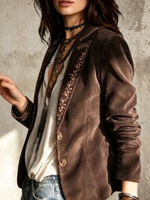 SHEIN Autumn Corduroy Embroidered Elegant Design Women's Blazer, Elegant Casual Women's Suit Jacket, Women's Outerwear, Old Money Style Blazer - Coffee Brown - View 6