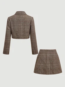 SHEIN MOD Vintage Plaid Cropped Blazer & Asymmetrical Shorts Suit Set - Multicolor - View 4