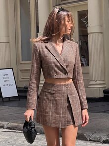 SHEIN MOD Vintage Plaid Cropped Blazer & Asymmetrical Shorts Suit Set - Multicolor - View 5