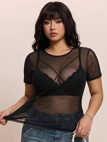 CovetEZ 加大码透视网纱弹力性感黑色上衣，女士情人节礼物 - 黑色 - 查看 1