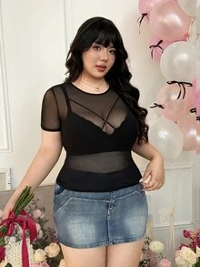 CovetEZ 加大码透视网纱弹力性感黑色上衣，女士情人节礼物 - 黑色 - 查看 5