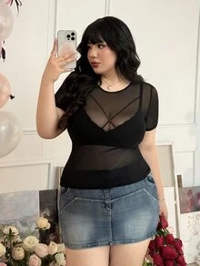 CovetEZ 加大码透视网纱弹力性感黑色上衣，女士情人节礼物 - 黑色 - 查看 3
