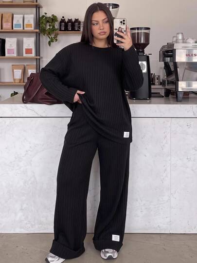 Comfortcana Plus Size Autumn Casual Solid Color Top And Pants 2 Pieces Set Fall