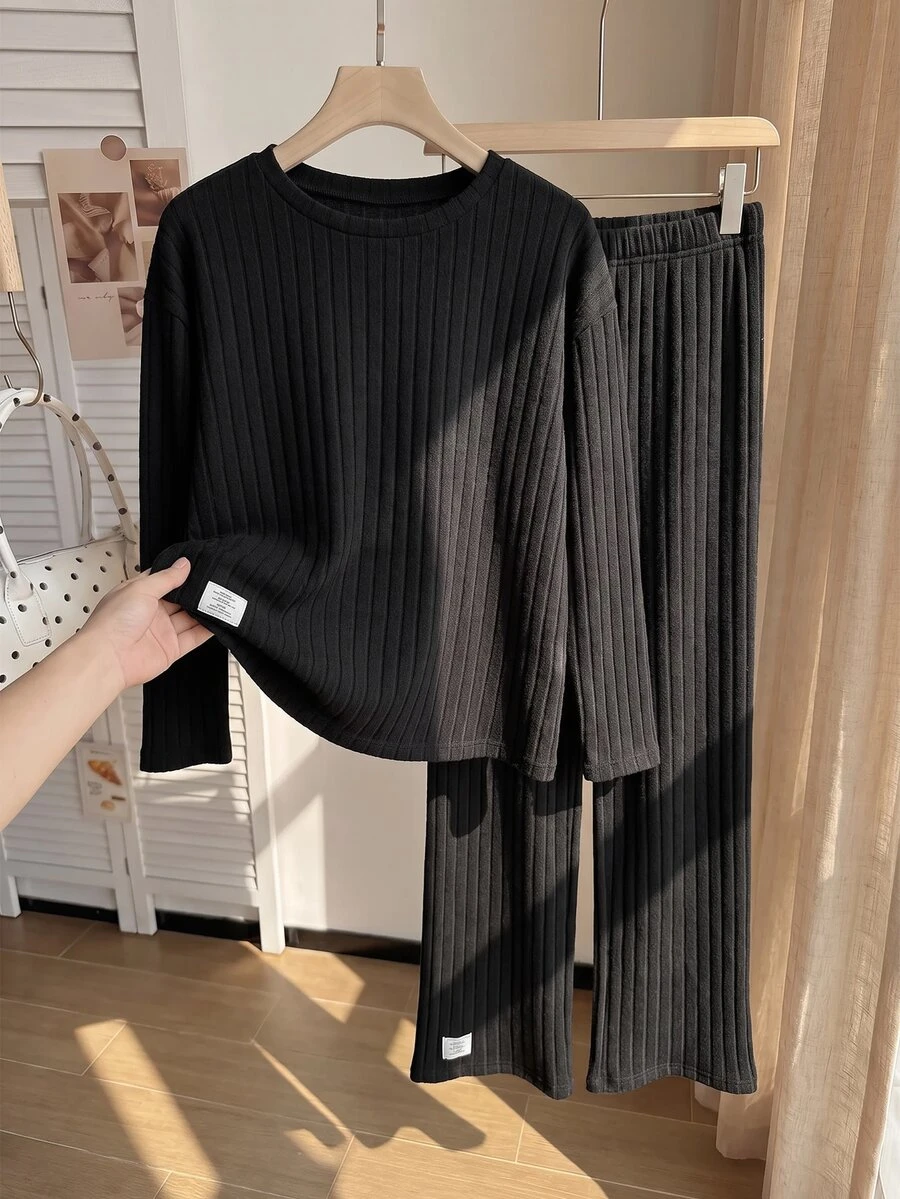 Comfortcana Plus Size Autumn Casual Corset Solid Color Top And Pants 2 Pieces Set Fall Lounge Formal Going Out Black - Black - View 1