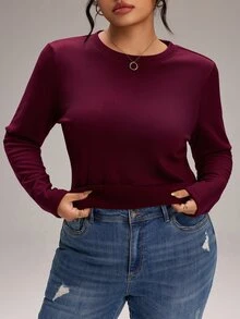 EMERY ROSE Plus Size Women's Solid Color Round Neck Long Sleeve Casual Versatile T-Shirt - Burgundy - View 5