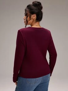 EMERY ROSE Plus Size Women's Solid Color Round Neck Long Sleeve Casual Versatile T-Shirt - Burgundy - View 6