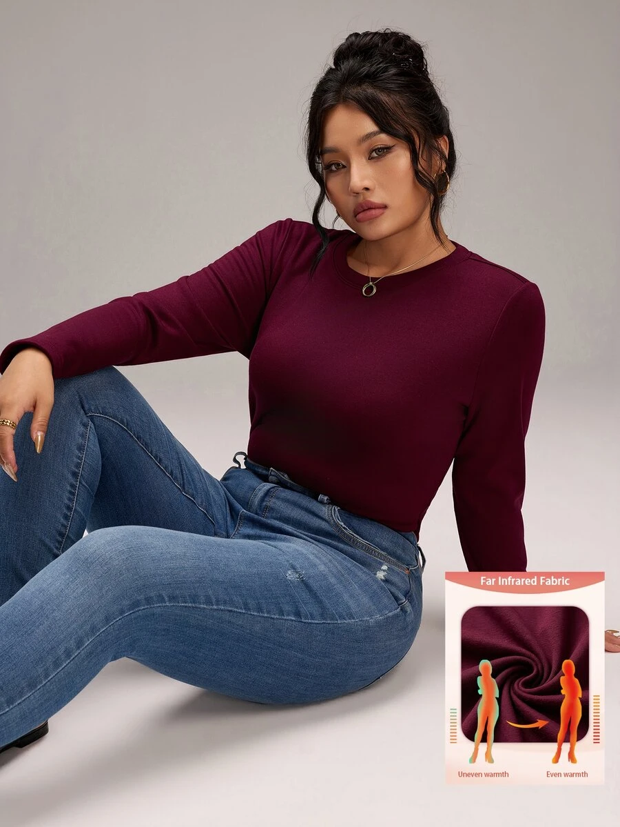EMERY ROSE Plus Size Women's Solid Color Round Neck Long Sleeve Casual Versatile T-Shirt - Burgundy - View 1