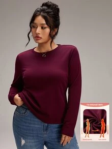 EMERY ROSE Plus Size Women's Solid Color Round Neck Long Sleeve Casual Versatile T-Shirt - Burgundy - View 1