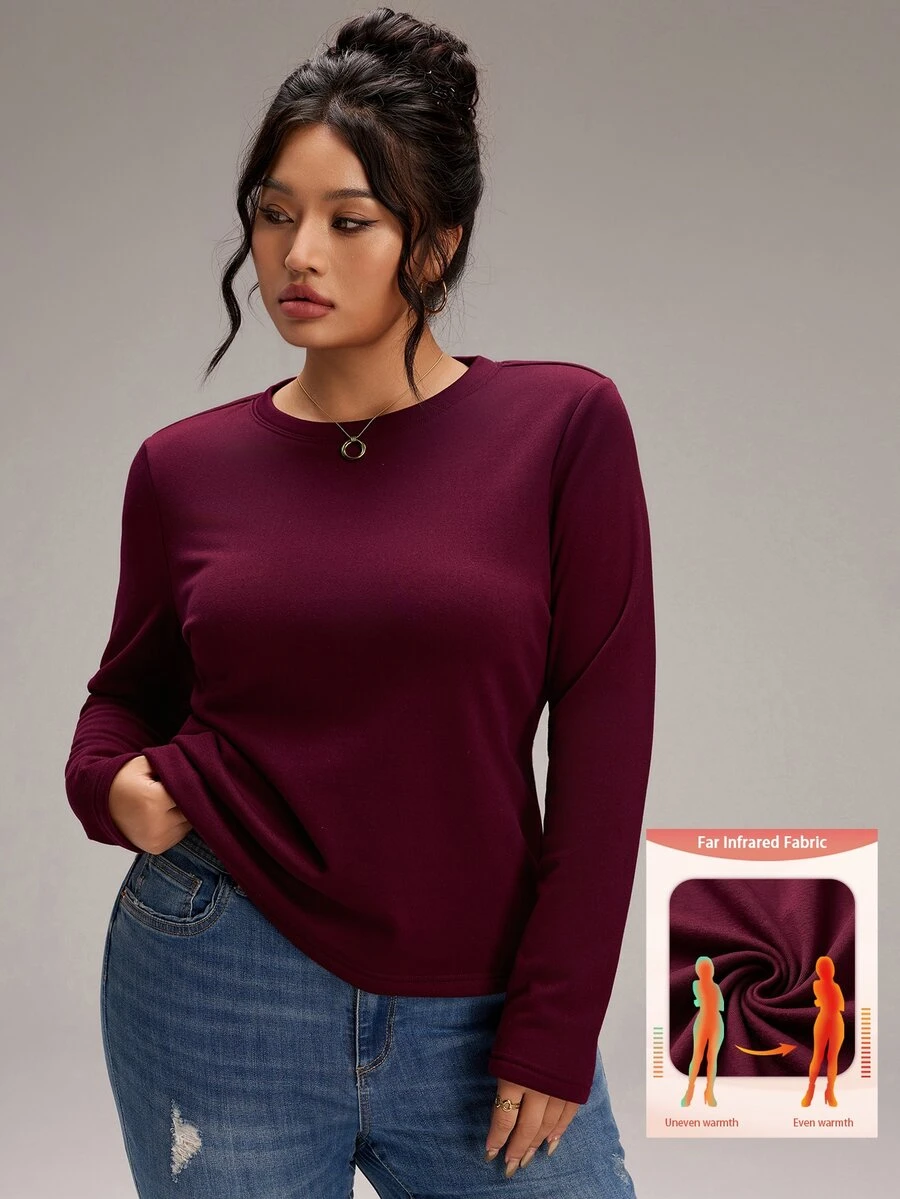 EMERY ROSE Plus Size Women's Solid Color Round Neck Long Sleeve Casual Versatile T-Shirt - Burgundy - View 1