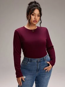EMERY ROSE Plus Size Women's Solid Color Round Neck Long Sleeve Casual Versatile T-Shirt - Burgundy - View 7