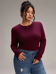 EMERY ROSE Plus Size Women's Solid Color Round Neck Long Sleeve Casual Versatile T-Shirt - Burgundy - View 3