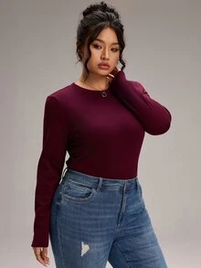 EMERY ROSE Plus Size Women's Solid Color Round Neck Long Sleeve Casual Versatile T-Shirt - Burgundy - View 4
