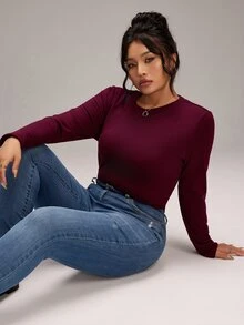EMERY ROSE Plus Size Women's Solid Color Round Neck Long Sleeve Casual Versatile T-Shirt - Burgundy - View 12