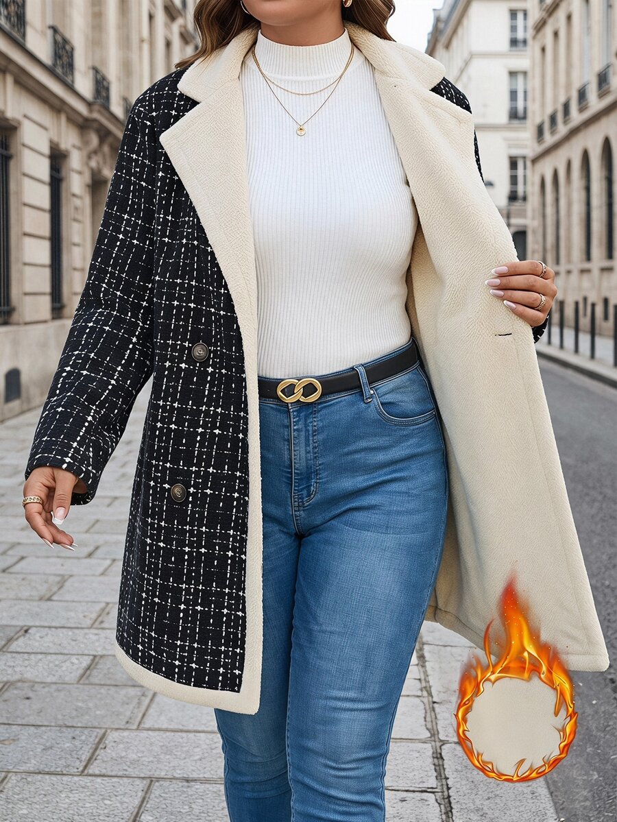 SHEIN Clasi Plus Size Vintage Fashion Button Tweed Long Sleeve Jacket Winter - Multicolor - View 1