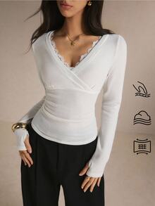 Poéselle Women's Elegant Solid Color Lace Trim T-Shirt, Autumn - White - View 1