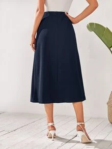 Medorina High Waist Button Detail Flare Skirt - Navy Blue - View 3