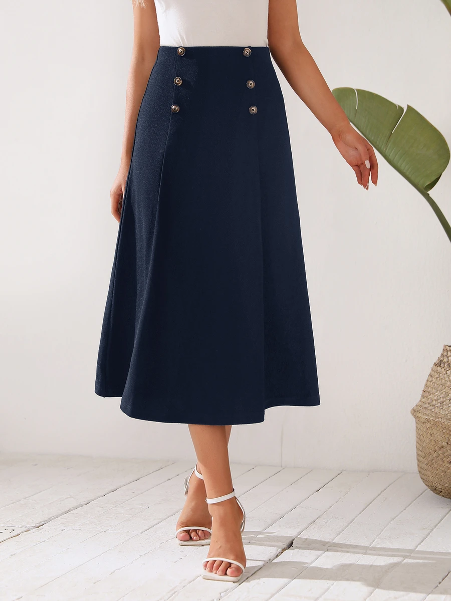 Medorina High Waist Button Detail Flare Skirt