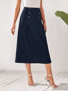 Medorina High Waist Button Detail Flare Skirt - Navy Blue - View 4