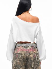 Vadaroq Women's Rhinestone Letter Asymmetrical Shoulder Long Sleeve Cropped Sweatshirt Night Out White Autumn Y2k - White - View 5