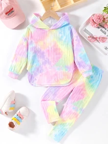 Young Girls Rainbow Print Hooded Long Sleeve Top And Elastic Waist Casual Ribbed Knit Pants 2 Pieces Set, Spring/Autumn - Multicolor - View 4