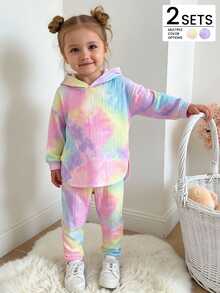 Young Girls Rainbow Print Hooded Long Sleeve Top And Elastic Waist Casual Ribbed Knit Pants 2 Pieces Set, Spring/Autumn - Multicolor - View 7