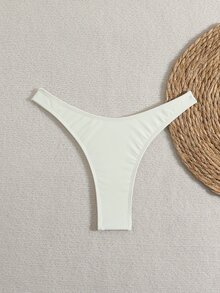 Swim Basics Women's White Solid Color Bikini Bottom,Summer Casual Holiday Pool Party Holiday Cream Plain Thong Micro Bathing Suit Full Coverage Tummy Control - Pearl White - View 2