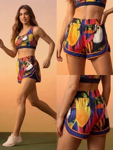 CAJUNI Legging Shorts Phone Pocket Print Fernanda's Tucan,Women's Sports Shorts - Navy Blue - View 5