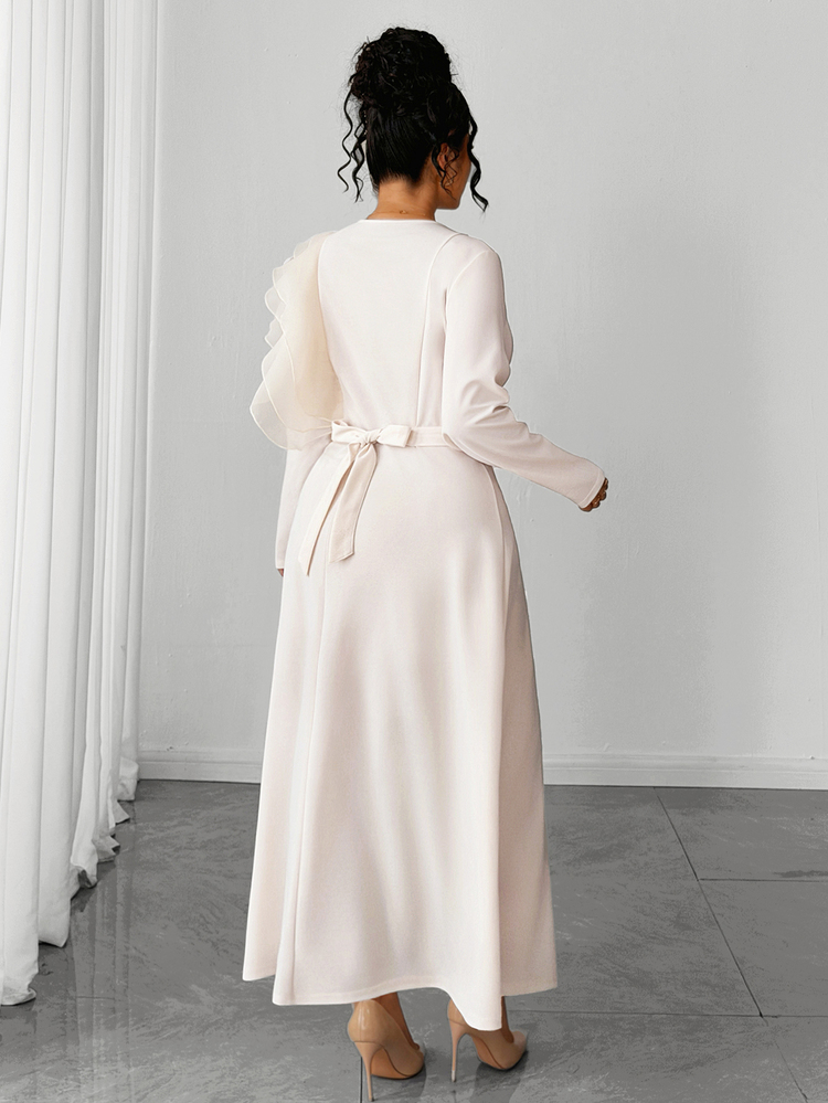 Elenzga Plus Size Knit Fabric Patchwork Satin V-Neck Long Sleeve Ruffle Shoulder Decor Cinched Waist A-Line Metal Accessory Decor Long Dress Elegant For Outing Date Party Gathering Daily Commute - Apricot - View 2