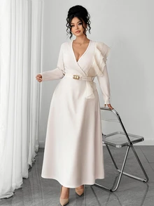 Elenzga Plus Size Knit Fabric Patchwork Satin V-Neck Long Sleeve Ruffle Shoulder Decor Cinched Waist A-Line Metal Accessory Decor Long Dress Elegant For Outing Date Party Gathering Daily Commute - Apricot - View 6
