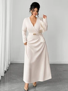Elenzga Plus Size Knit Fabric Patchwork Satin V-Neck Long Sleeve Ruffle Shoulder Decor Cinched Waist A-Line Metal Accessory Decor Long Dress Elegant For Outing Date Party Gathering Daily Commute - Apricot - View 8