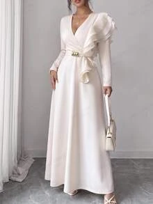 Elenzga Plus Size Knit Fabric Patchwork Satin V-Neck Long Sleeve Ruffle Shoulder Decor Cinched Waist A-Line Metal Accessory Decor Long Dress Elegant For Outing Date Party Gathering Daily Commute - Apricot - View 1