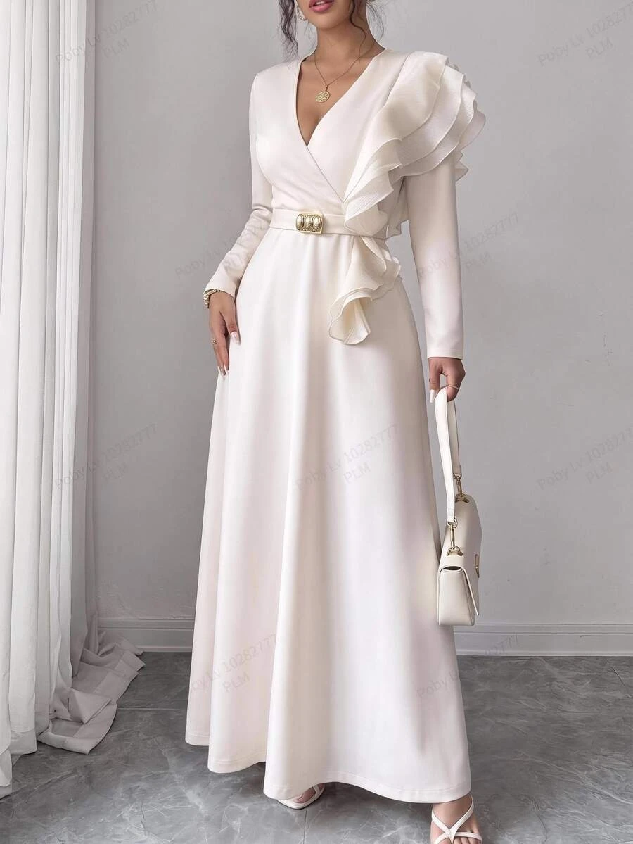 Elenzga Plus Size Knit Fabric Patchwork Satin V-Neck Long Sleeve Ruffle Shoulder Decor Cinched Waist A-Line Metal Accessory Decor Long Dress Elegant For Outing Date Party Gathering Daily Commute - Apricot - View 1