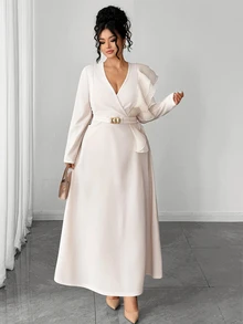 Elenzga Plus Size Knit Fabric Patchwork Satin V-Neck Long Sleeve Ruffle Shoulder Decor Cinched Waist A-Line Metal Accessory Decor Long Dress Elegant For Outing Date Party Gathering Daily Commute - Apricot - View 4