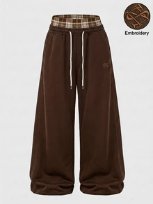 TOKVUE Manfinity Hypemode Pakaian Jalanan Kasual Pria 2 In 1 Sweatpants, Celana Jogger Rajut Tebal dengan Pinggang Elastis dan Tali Serut, Bordir Cokelat dan Putih Musim Gugur - Coffee Brown - View 1