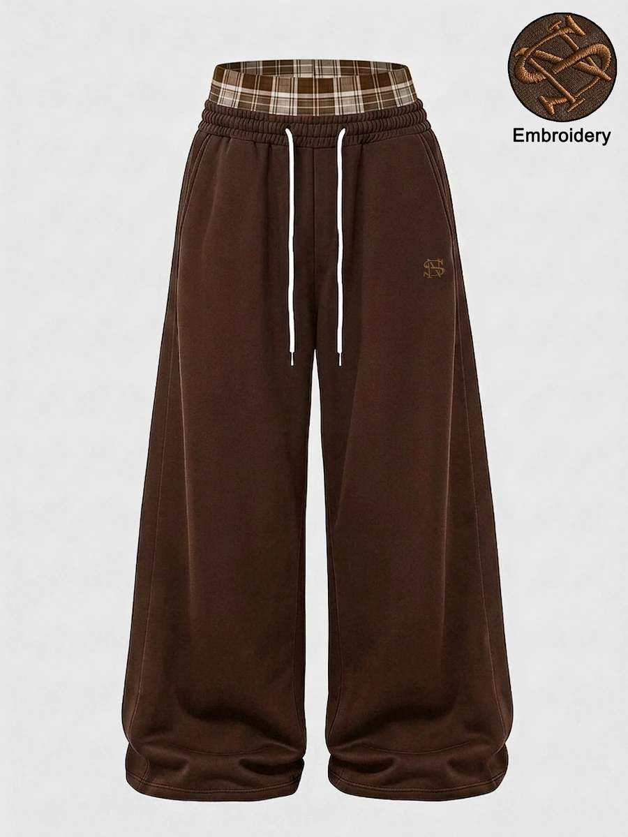 TOKVUE Manfinity Hypemode Pakaian Jalanan Kasual Pria 2 In 1 Sweatpants, Celana Jogger Rajut Tebal dengan Pinggang Elastis dan Tali Serut, Bordir Cokelat dan Putih Musim Gugur - Coffee Brown - View 1