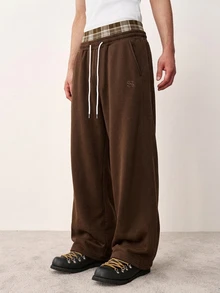 TOKVUE Manfinity Hypemode Pakaian Jalanan Kasual Pria 2 In 1 Sweatpants, Celana Jogger Rajut Tebal dengan Pinggang Elastis dan Tali Serut, Bordir Cokelat dan Putih Musim Gugur - Coffee Brown - View 4