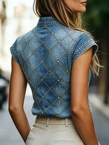 SHEIN Women's V-Neck Diamond Lattice Casual Versatile Daily Commute Blouse - Blue - View 2
