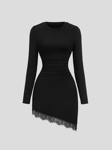 SHEIN Women's Elegant Round Neck Asymmetrical Hem Lace Patchwork Waist-Cinching Short Sleeve Mini Dress - Black - View 6