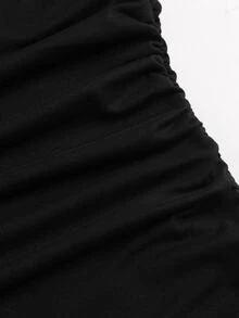 SHEIN Women's Elegant Round Neck Asymmetrical Hem Lace Patchwork Waist-Cinching Short Sleeve Mini Dress - Black - View 5